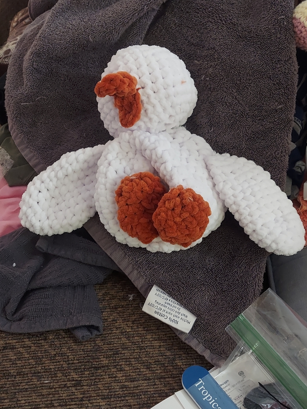 White Plush Crochet Duck with Rust Orange Accents